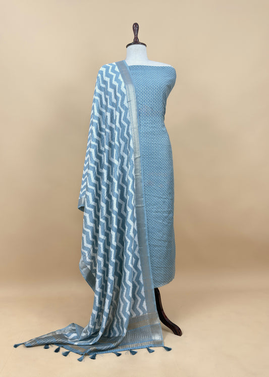 Light Blue Pure Assamese Silk Suit Fabric With Zari Weaving