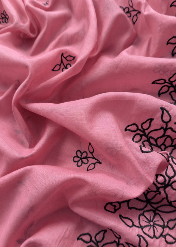 Punch Pink Mul Chanderi Suit With Embroidery