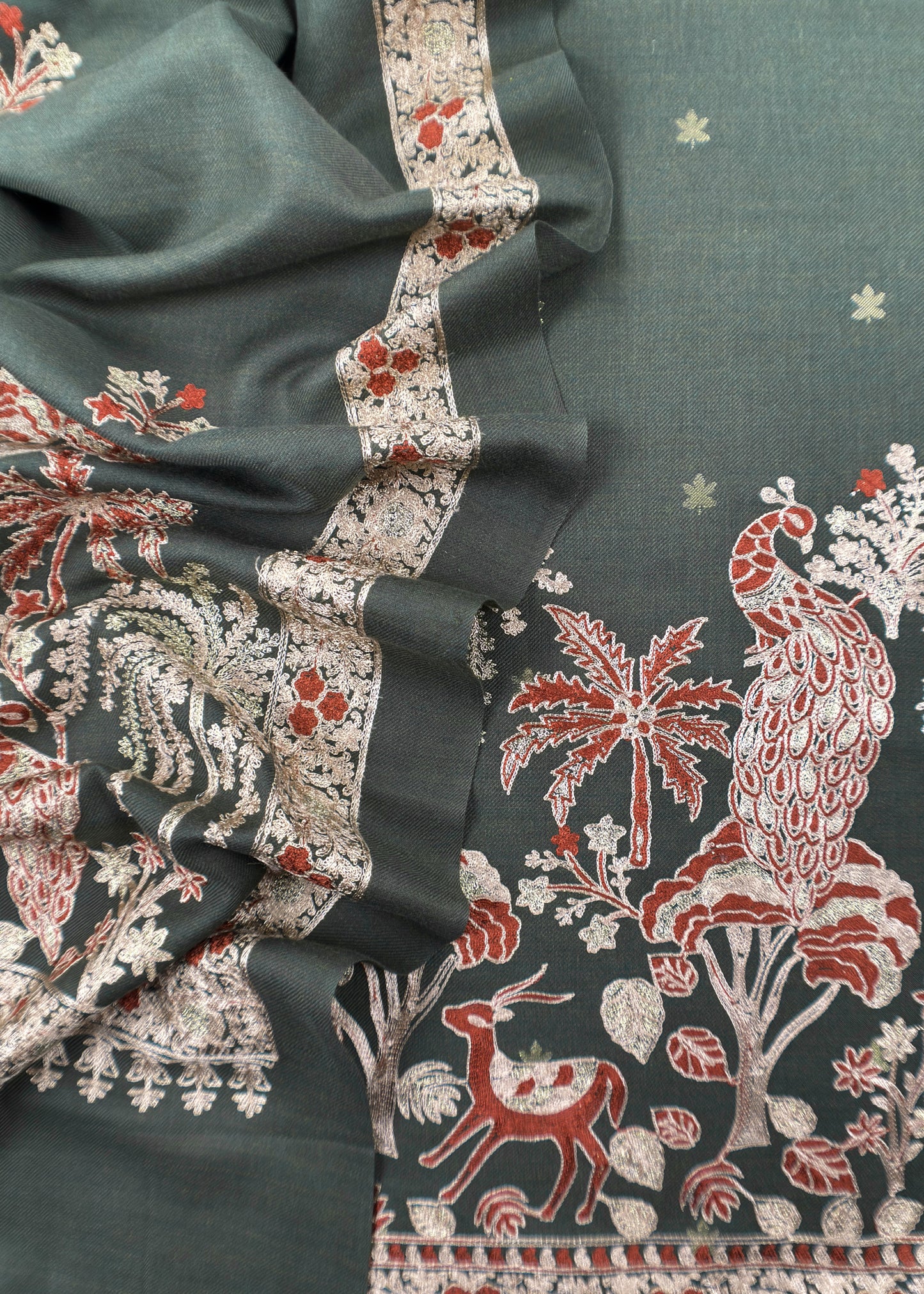 Bottle Green Pure Merino Wool Unstitched Suit With Aari Embroidery