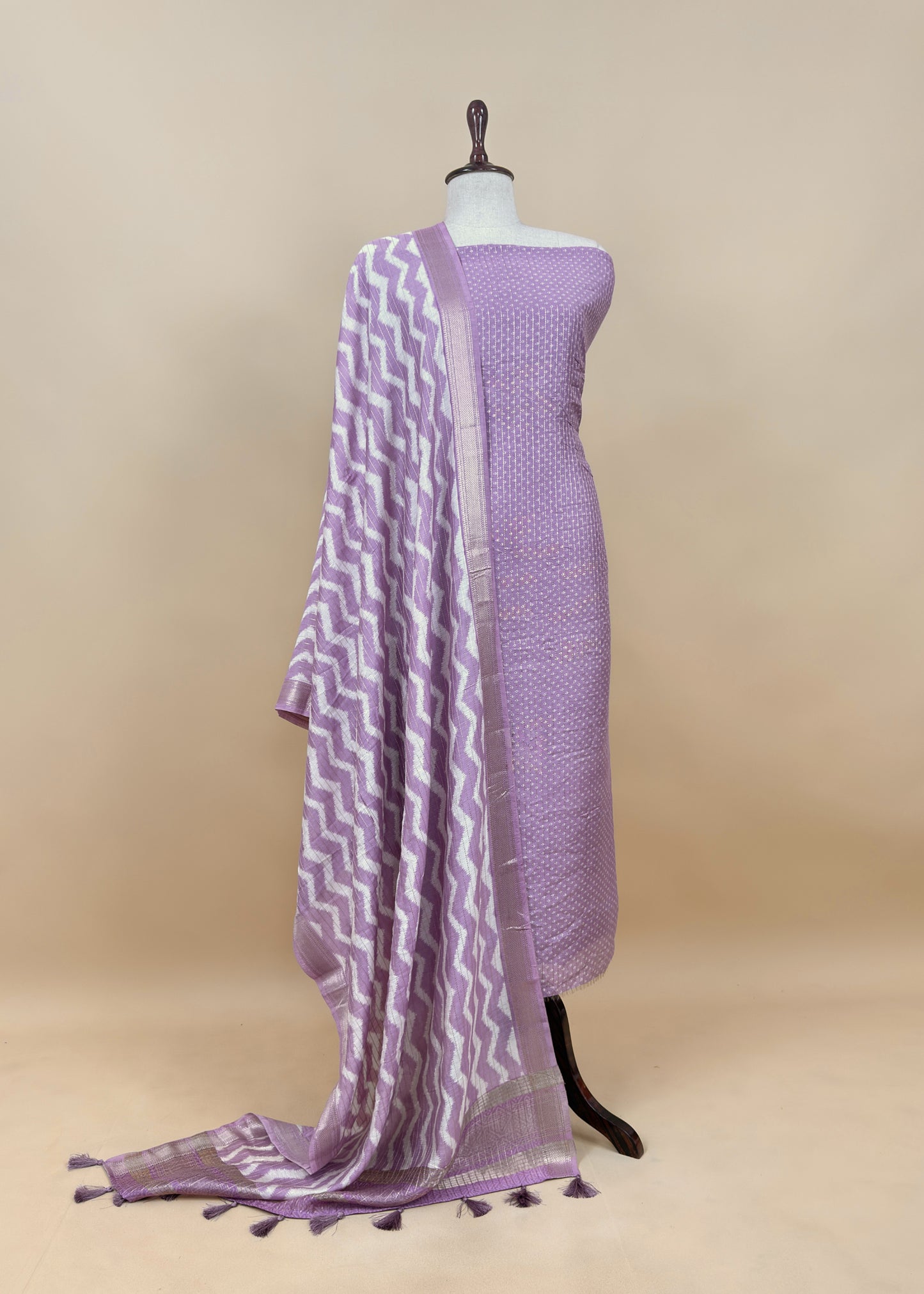 Light Purple Pure Assamese Silk Suit Fabric With Zari Weaving