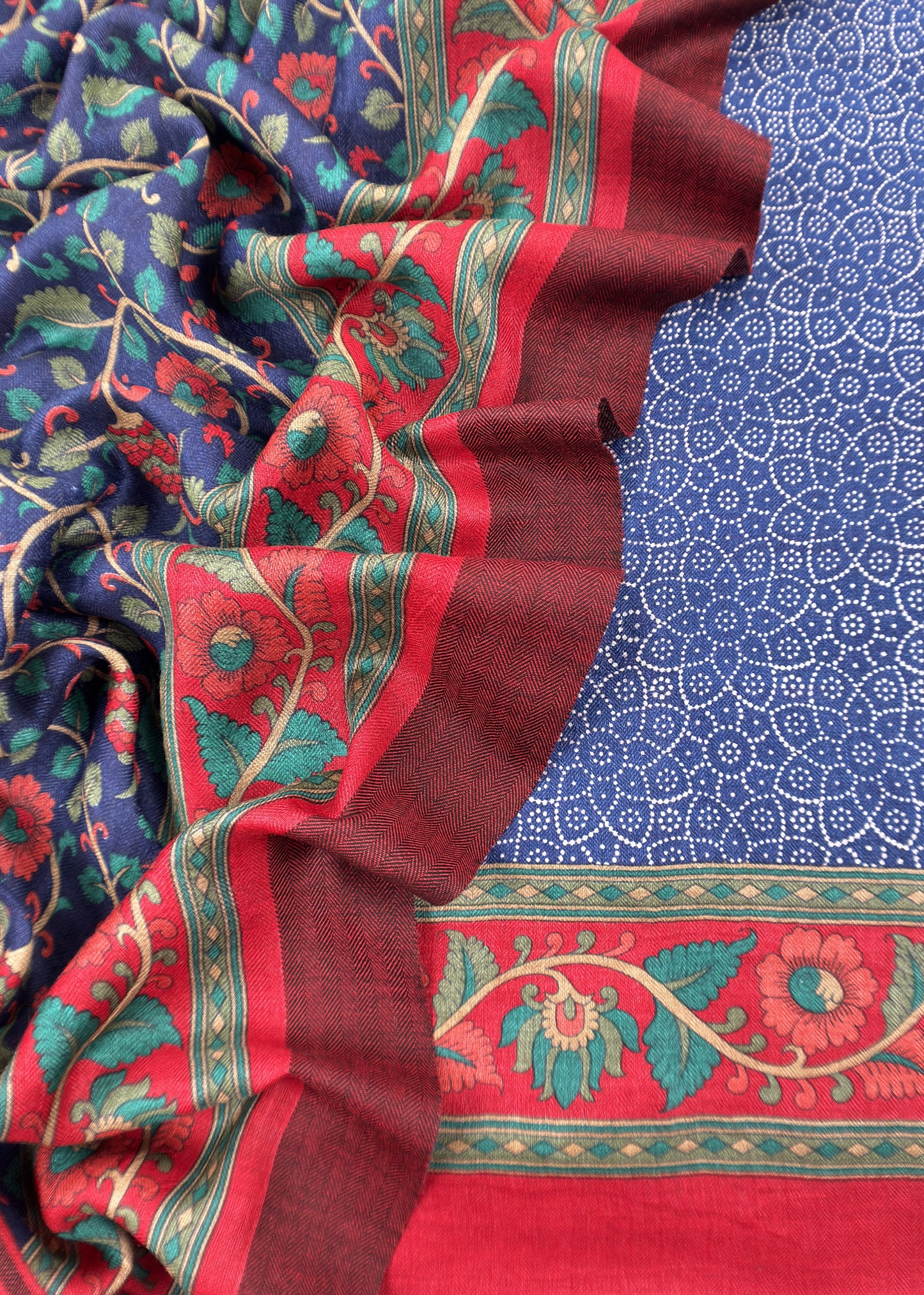 Blue Pure Pashmina Suit Fabric With Kalamkari Brush Print