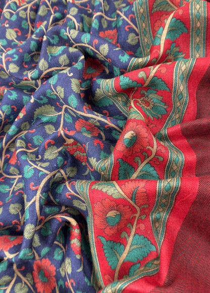 Blue Pure Pashmina Suit Fabric With Kalamkari Brush Print