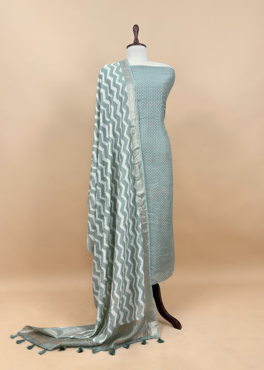 Light Green Pure Assamese Silk Suit Fabric With Zari Weaving