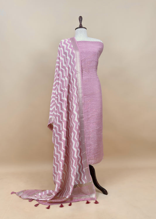 Light Pink Pure Assamese Silk Suit Fabric With Zari Weaving