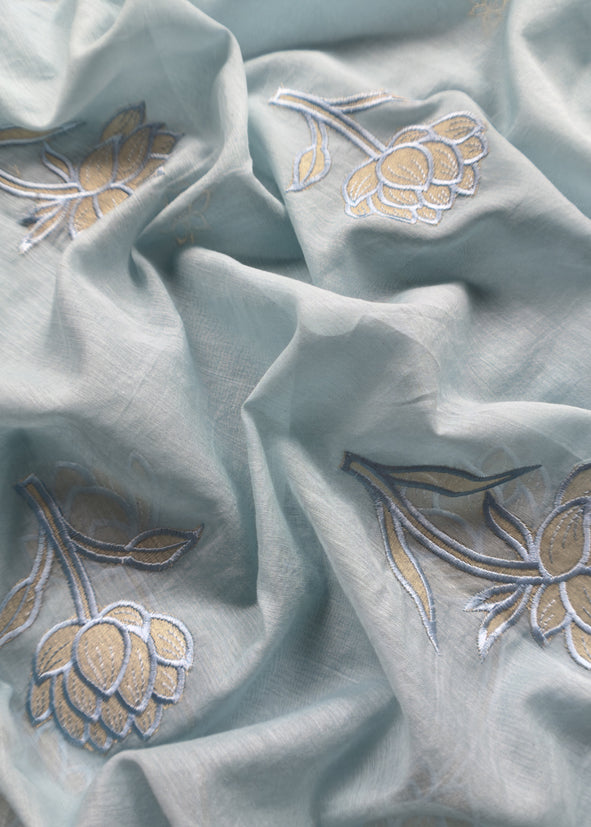 Powder Blue Mul Cotton Suit With Lotus Appliqué Work