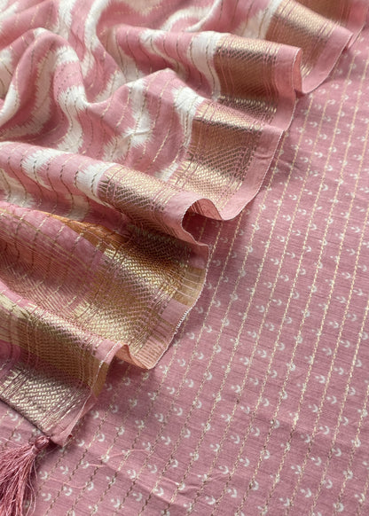 Light Pink Pure Assamese Silk Suit Fabric With Zari Weaving