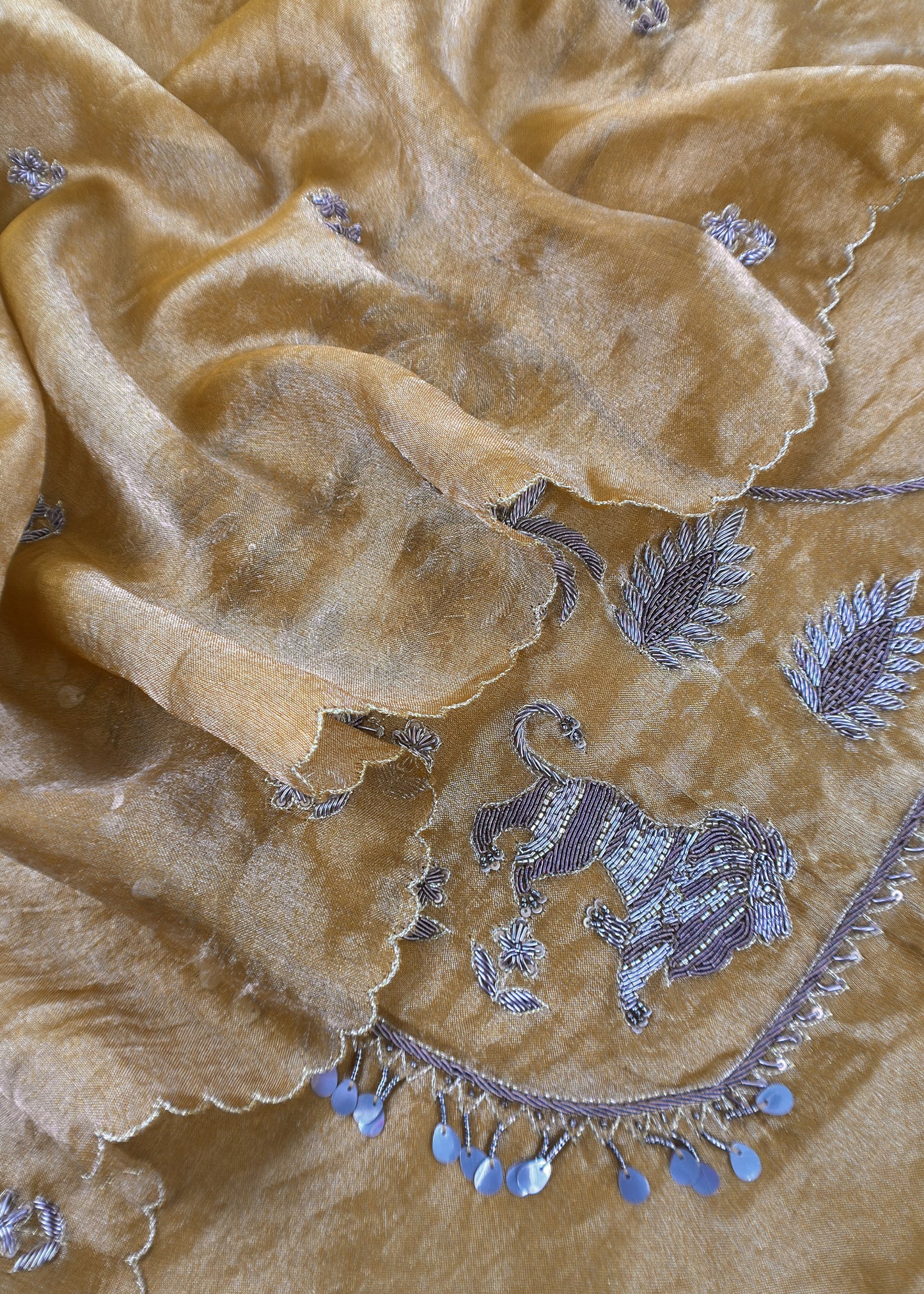 Mustard Handloom Tissue Silk Suit Fabric With Shikagarh Handwork