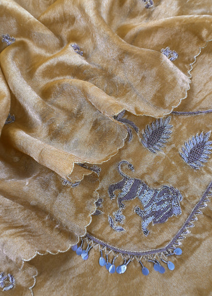 Mustard Handloom Tissue Silk Suit Fabric With Shikagarh Handwork