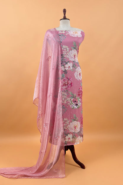 Pink Satin Silk Unstitched Suit With Tissue Silk Dupatta