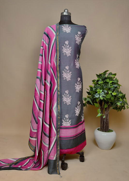 Pink With Grey Maheshwari Silk Suit
