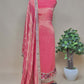 Mettalic Redish Pink Embroidered Pure Silk Tissue Suit
