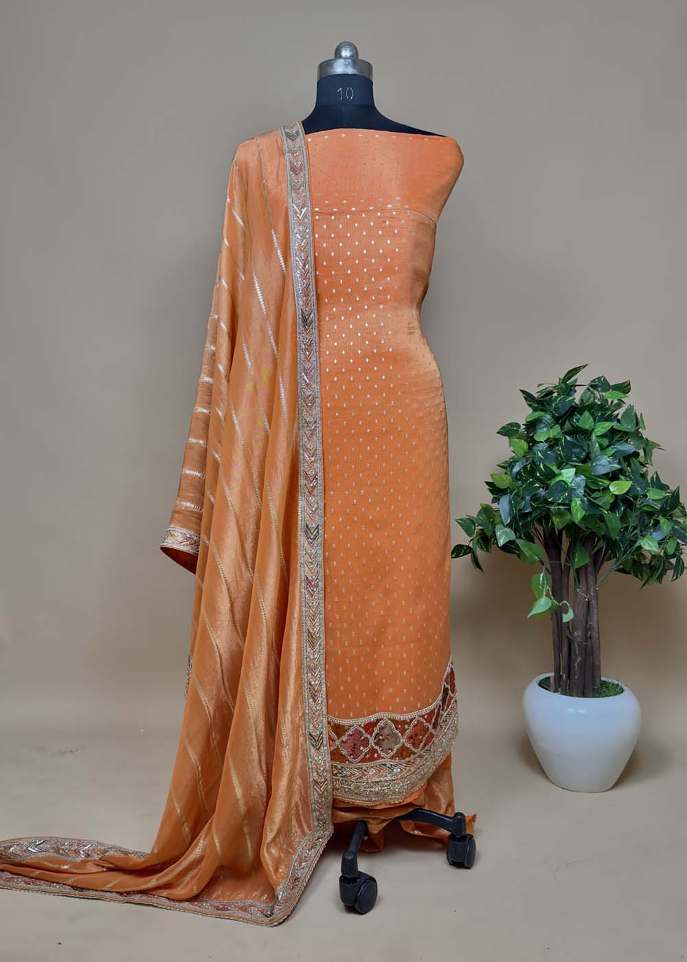 Mettalic Orange Embroidered Tissue Silk Suit