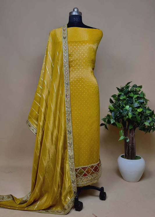 Mettalic Yellow Embroidered Tissue Silk Suit