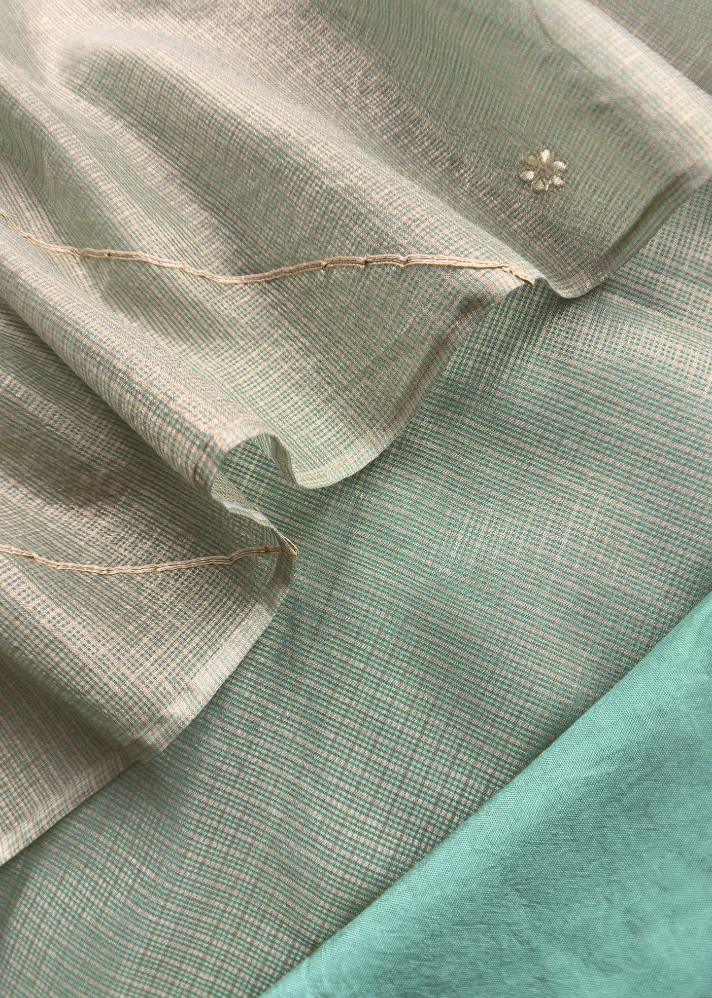 Sea Green Tissue Kota Unstitched Suit With Hand Sequins Work