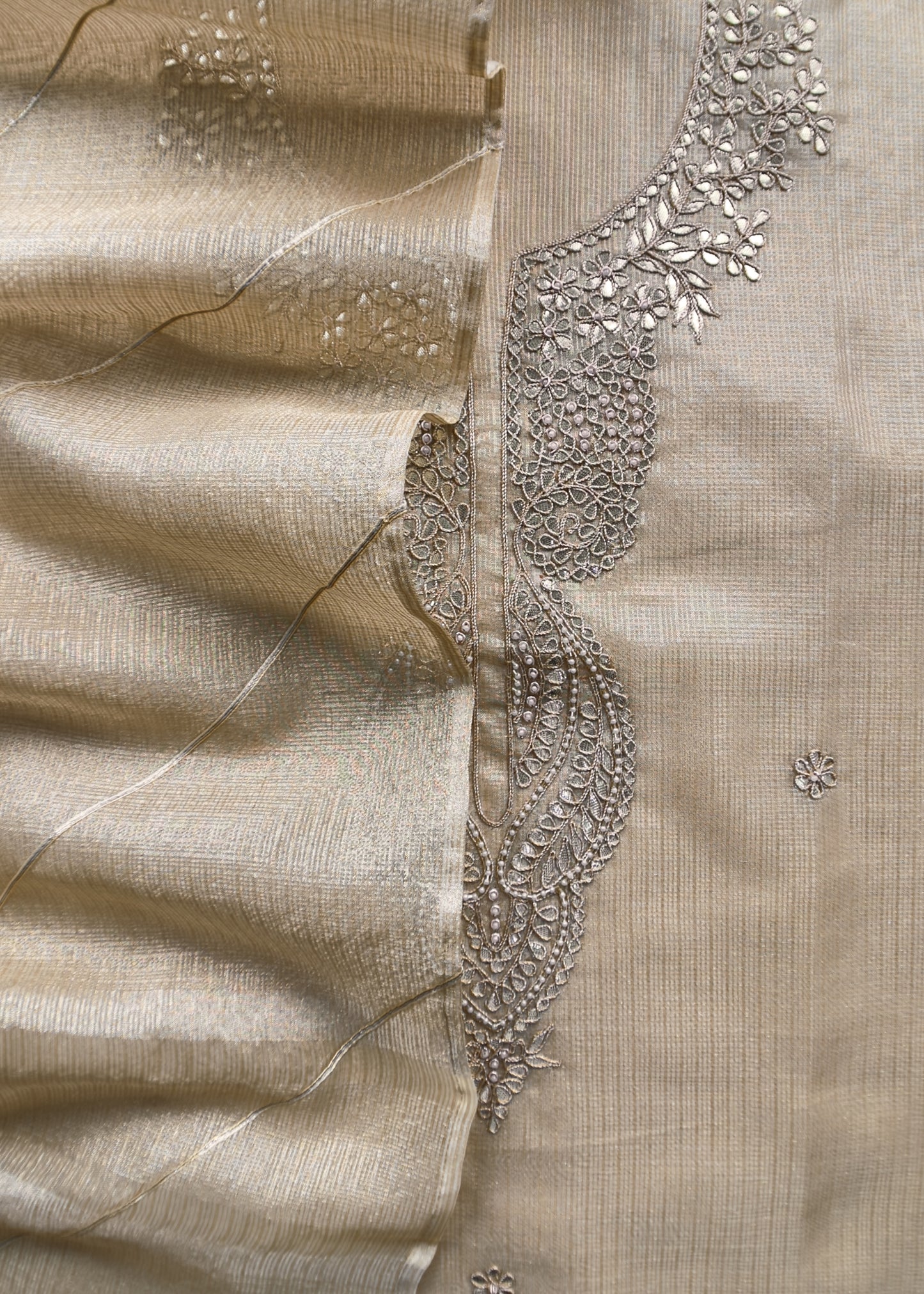 Beige Tissue Kota Unstitched Suit With Hand Sequins Work