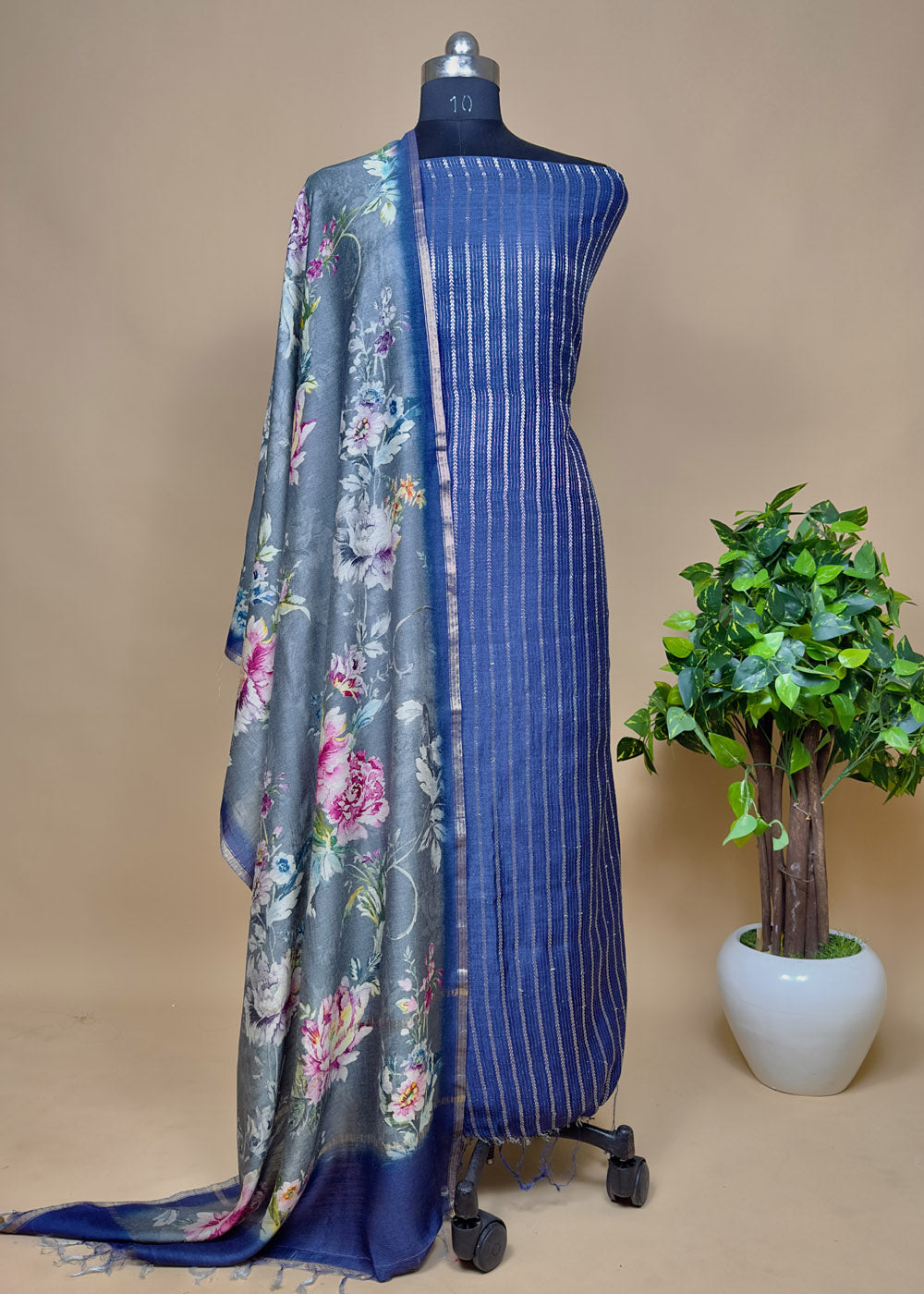 Blue Tussar Suit With Kalamkari Dupatta