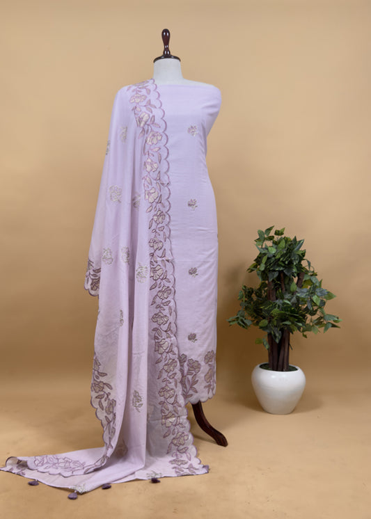 Pastel Purple Mul Cotton Suit With Lotus Appliqué Work