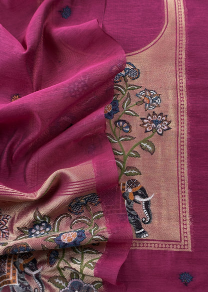 Wine Jamdani Woven Unstitched Suit With Paithani Work