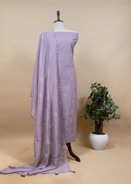Purple Mul Cotton Suit With Lotus Appliqué Work