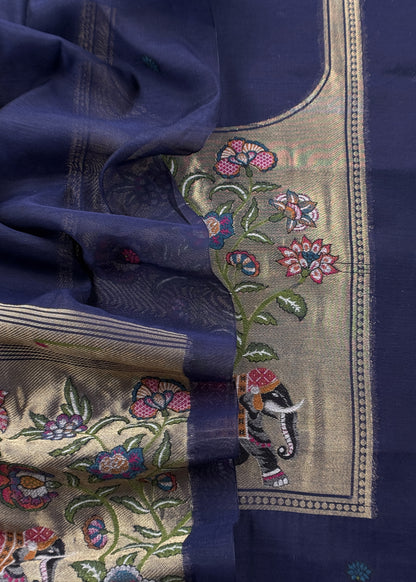 Navy Blue Jamdani Woven Unstitched Suit With Paithani Work