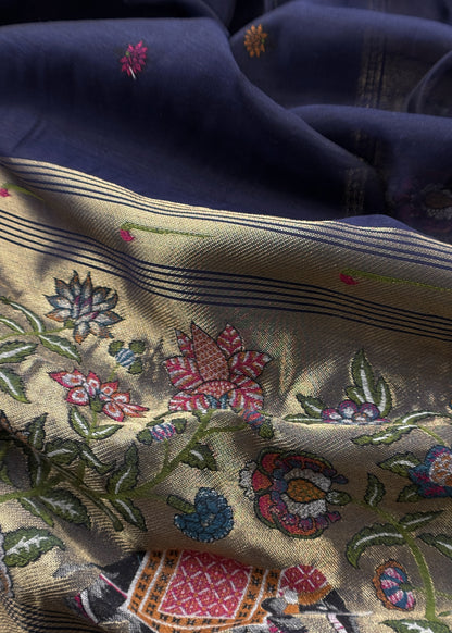 Navy Blue Jamdani Woven Unstitched Suit With Paithani Work