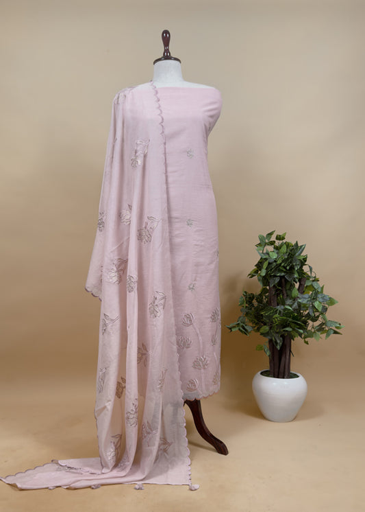 Pastel Pink Mul Cotton Suit With Lotus Appliqué Work
