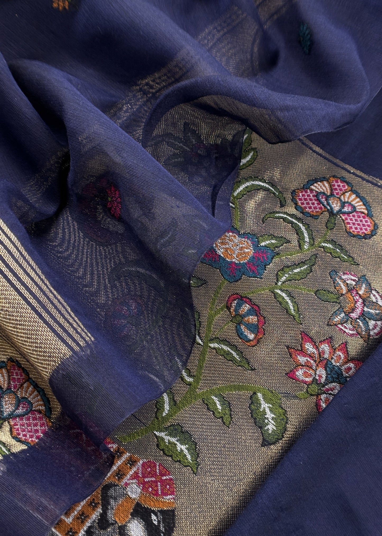 Navy Blue Jamdani Woven Unstitched Suit With Paithani Work