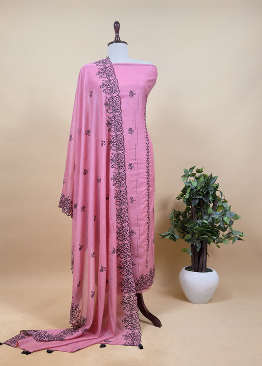 Punch Pink Mul Chanderi Suit With Embroidery