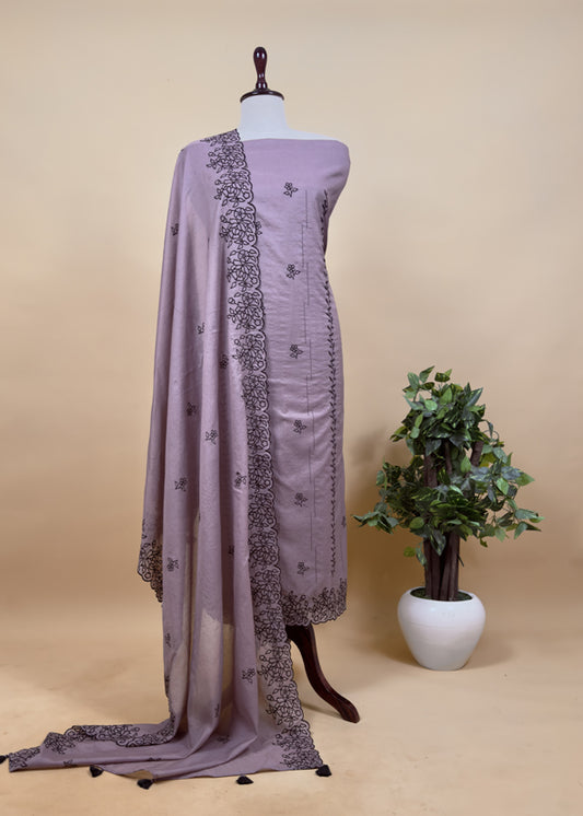 Stone Brown Mul Chanderi Suit With Embroidery
