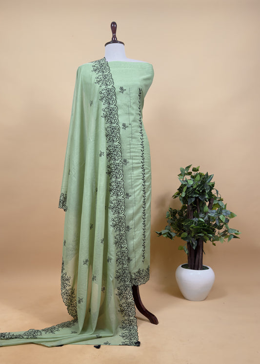 Olive Green Mul Chanderi Suit With Embroidery