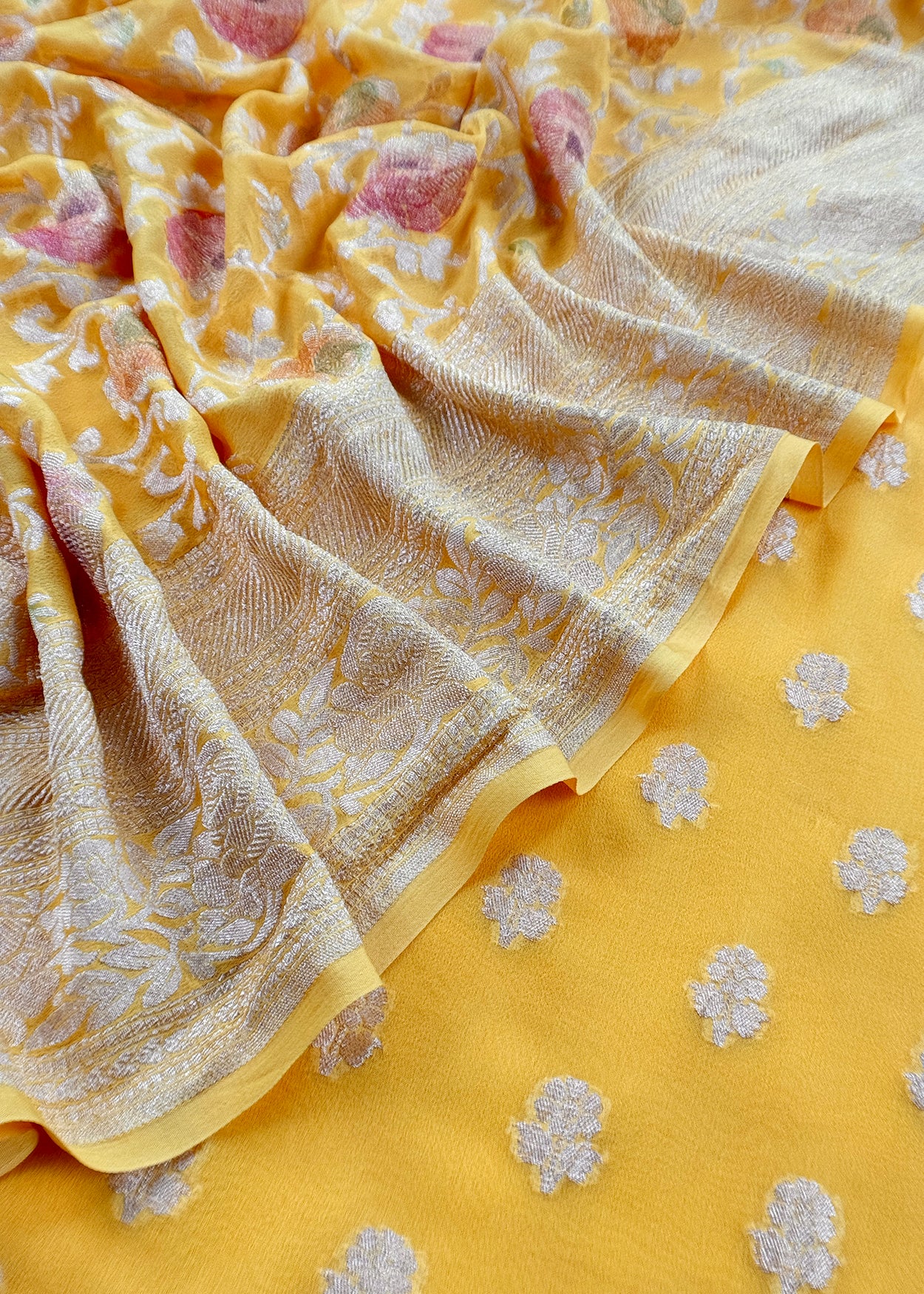 Luxe Yellow Khaddi Georgette Suit Fabric With Mughal Meenakari Weaving