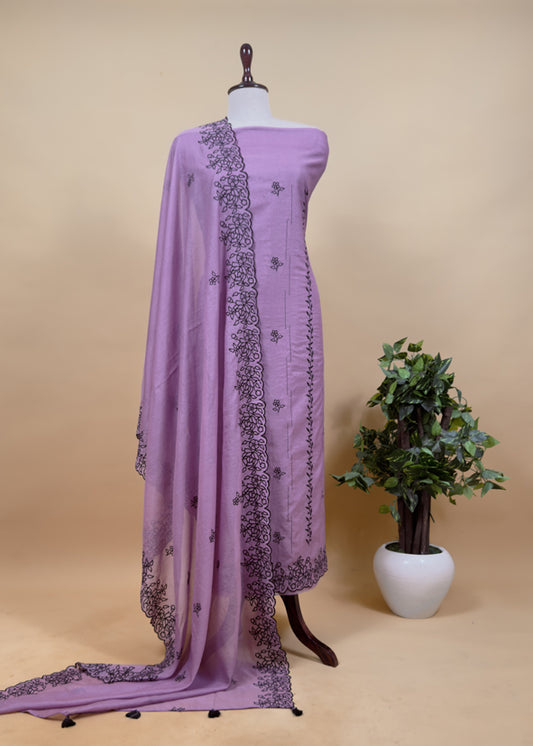 Chinese Violet Mul Chanderi Suit With Embroidery