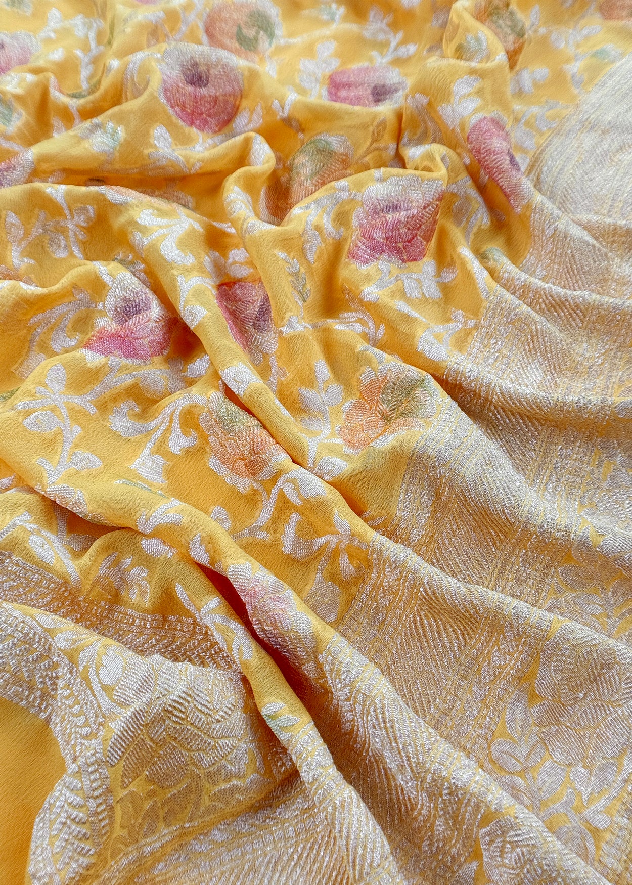Luxe Yellow Khaddi Georgette Suit Fabric With Mughal Meenakari Weaving
