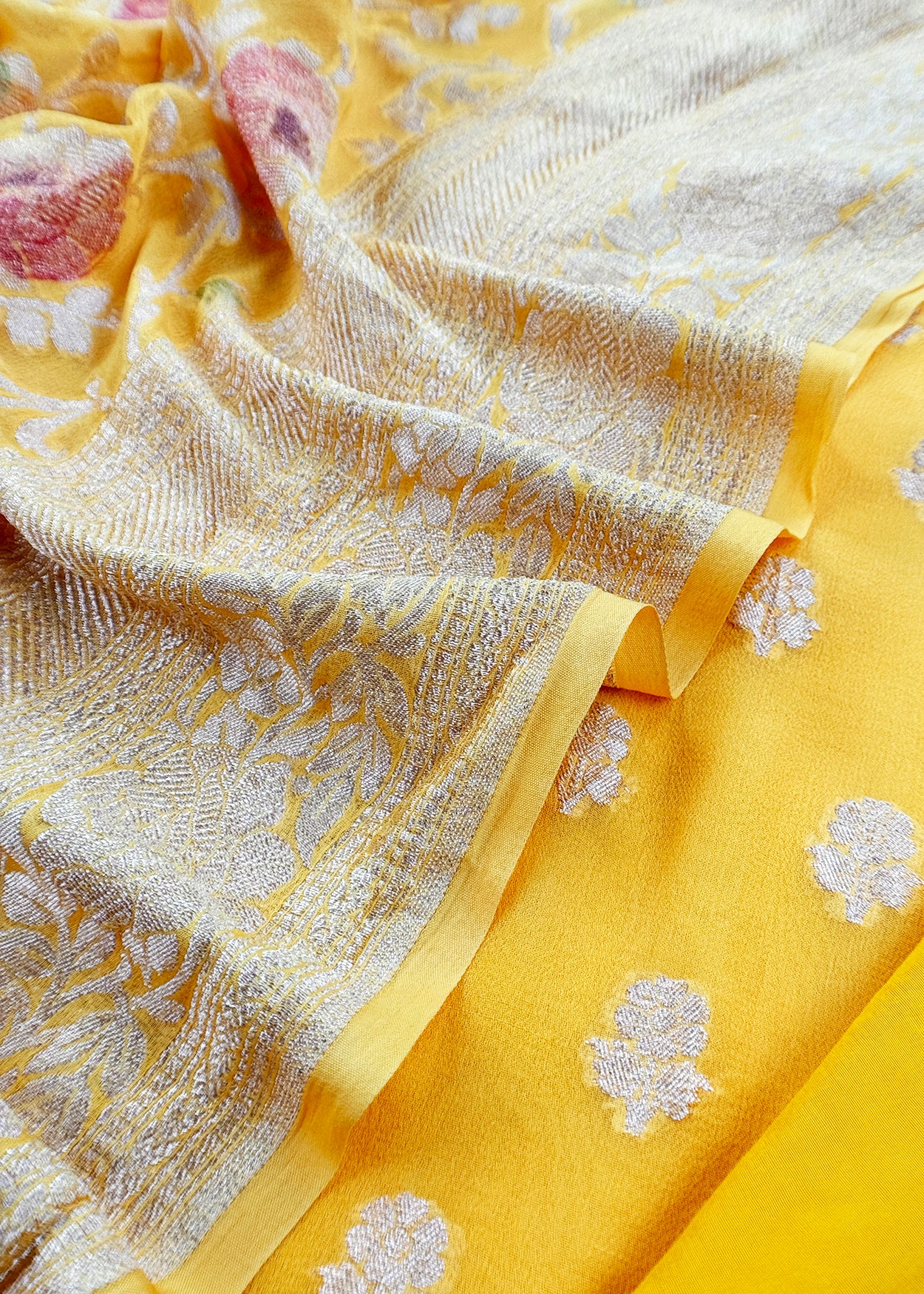 Luxe Yellow Khaddi Georgette Suit Fabric With Mughal Meenakari Weaving