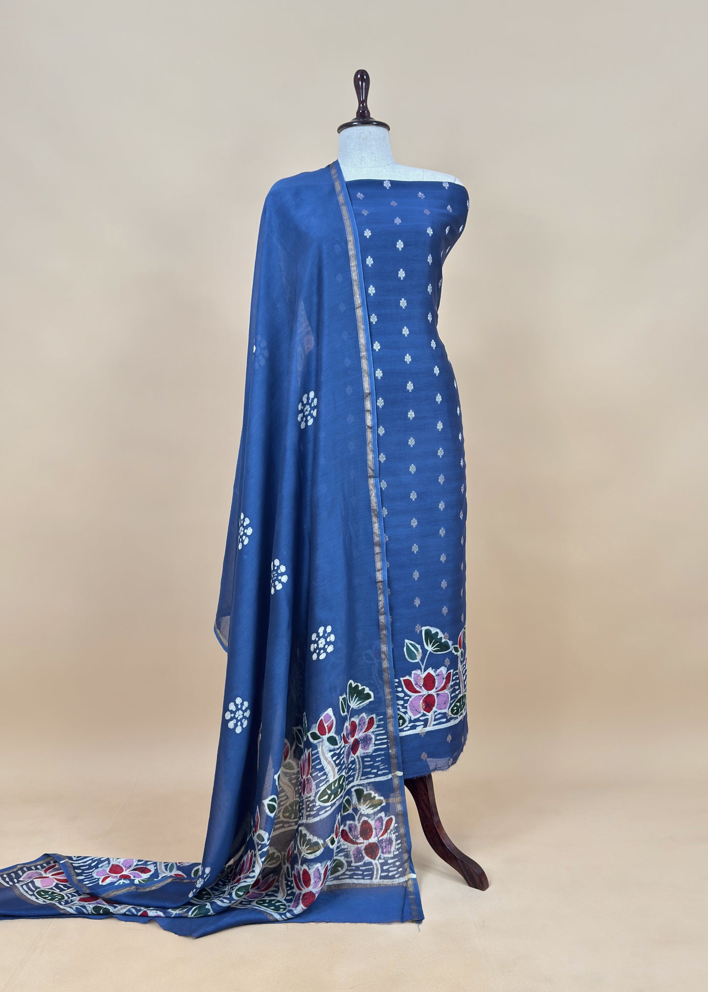 Azure Blue Handpainted Lotus Maheshwari Silk Suit With Banarasi Bootis