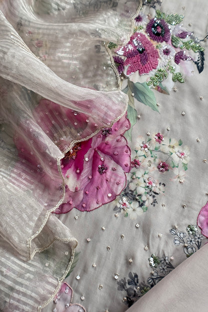 Light Grey Satin Silk Unstitched Suit With Tissue Silk Dupatta
