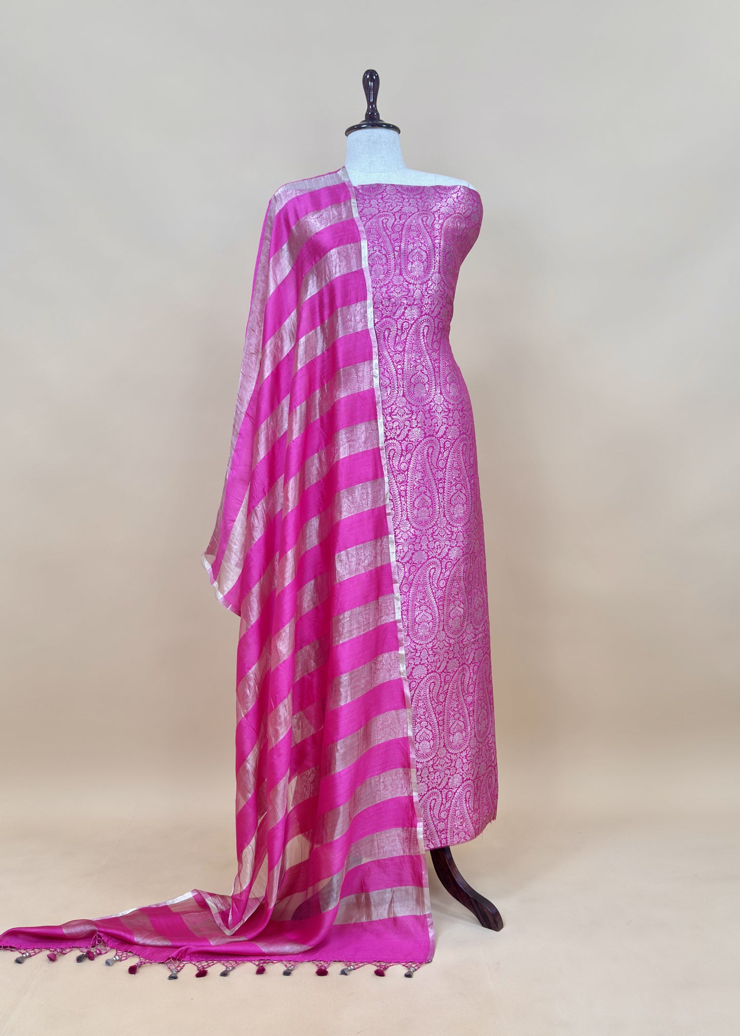 Pink Pure Paisley Brocade Silk Kurta And Zari Panel Silk Dupatta