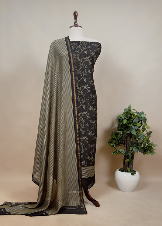 Black Block Print Maheswari Silk Suit With Brown Dupatta