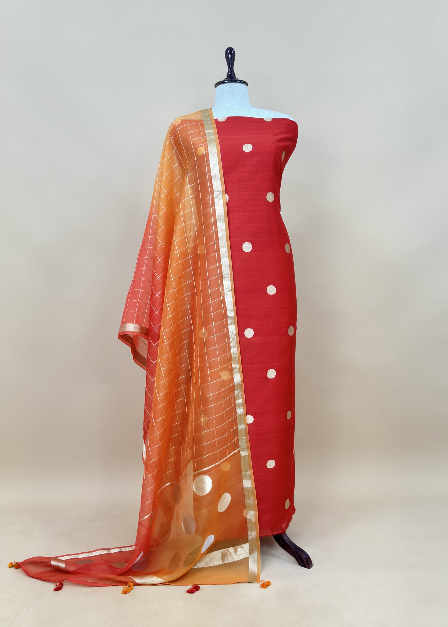 Orange Handloom Unstitched Silk Suit In Kadwa Weaving