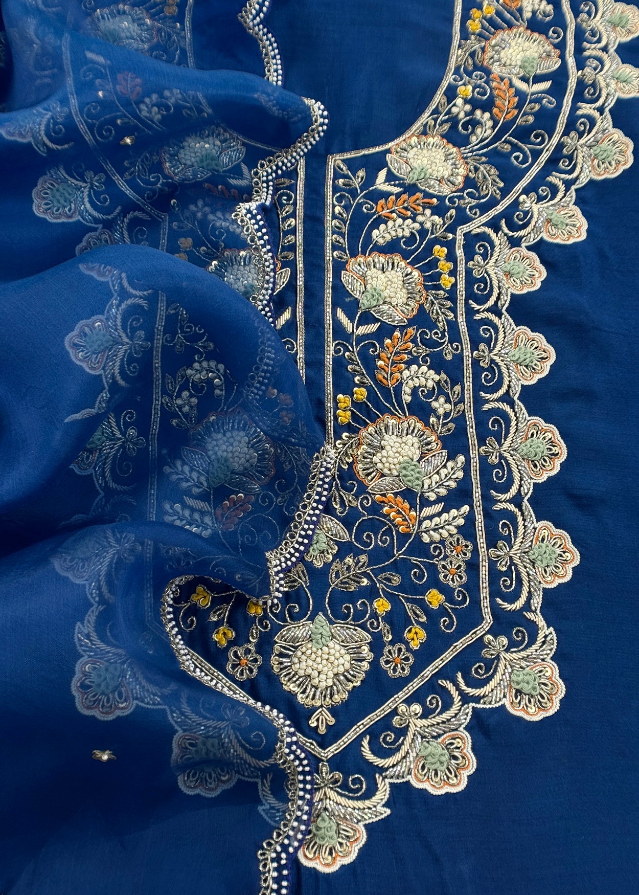 Luxe Royal Blue Dupion Silk Kurta and Kora Silk Dupatta With Handwork
