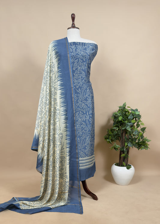 Blue Pure Maheshwari Silk Suit Fabric With Bandhani Dupatta