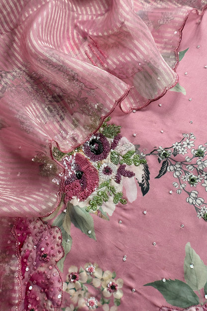 Pink Satin Silk Unstitched Suit With Tissue Silk Dupatta