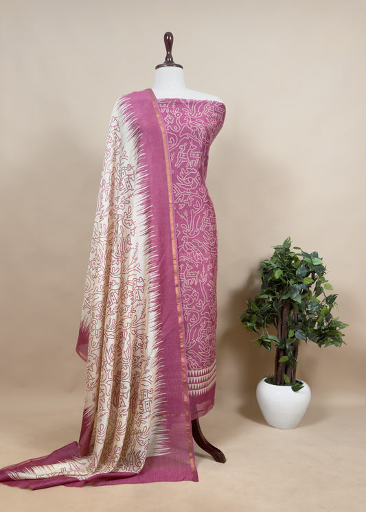 Pink Pure Maheshwari Silk Suit Fabric With Bandhani Dupatta