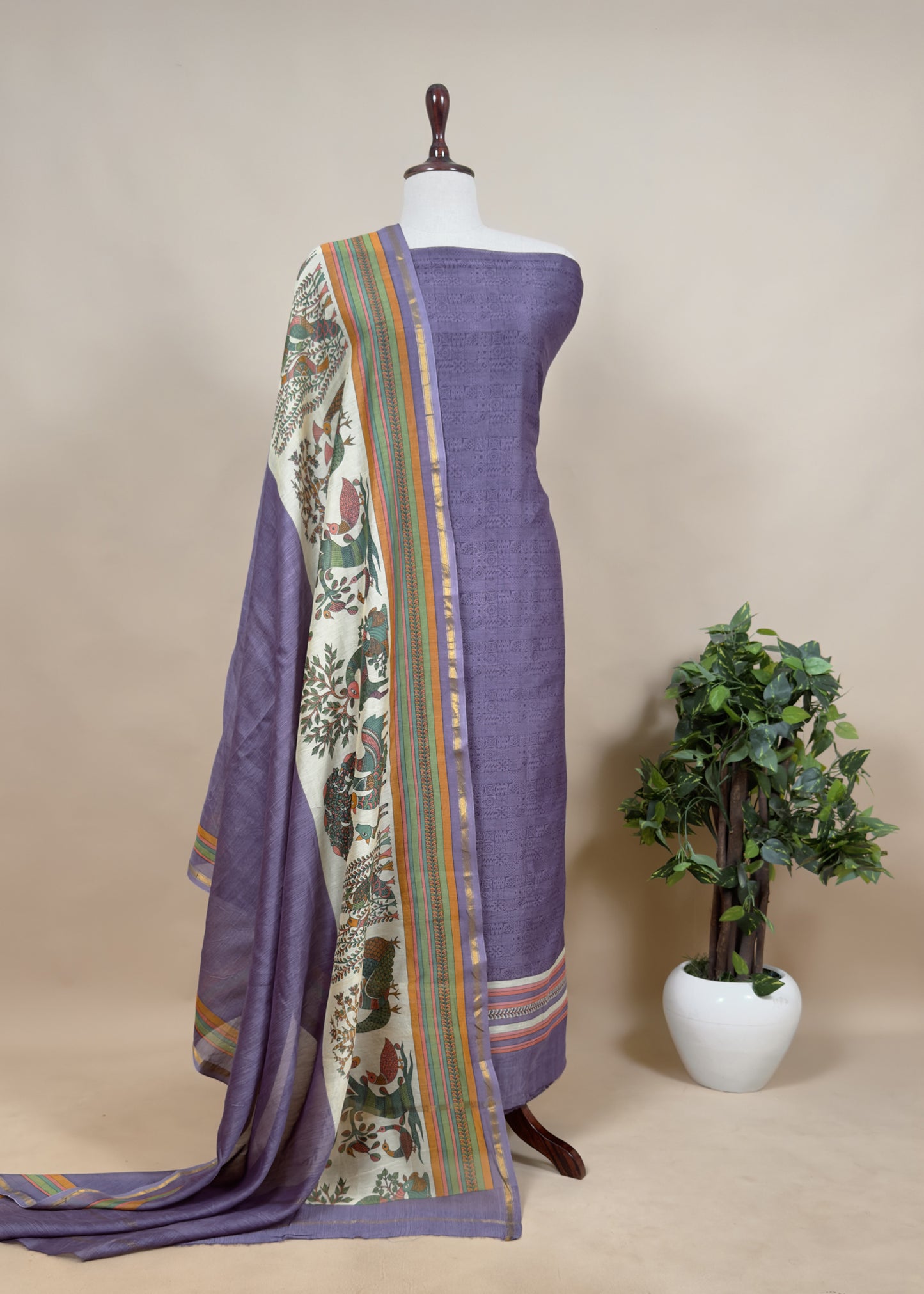 Iris Purple Handloom Madhubani Print Maheshwari Silk Suit Set