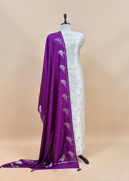 White And Violet Son Chiraiya Pure Silk Suit Fabric With Gold Weaving