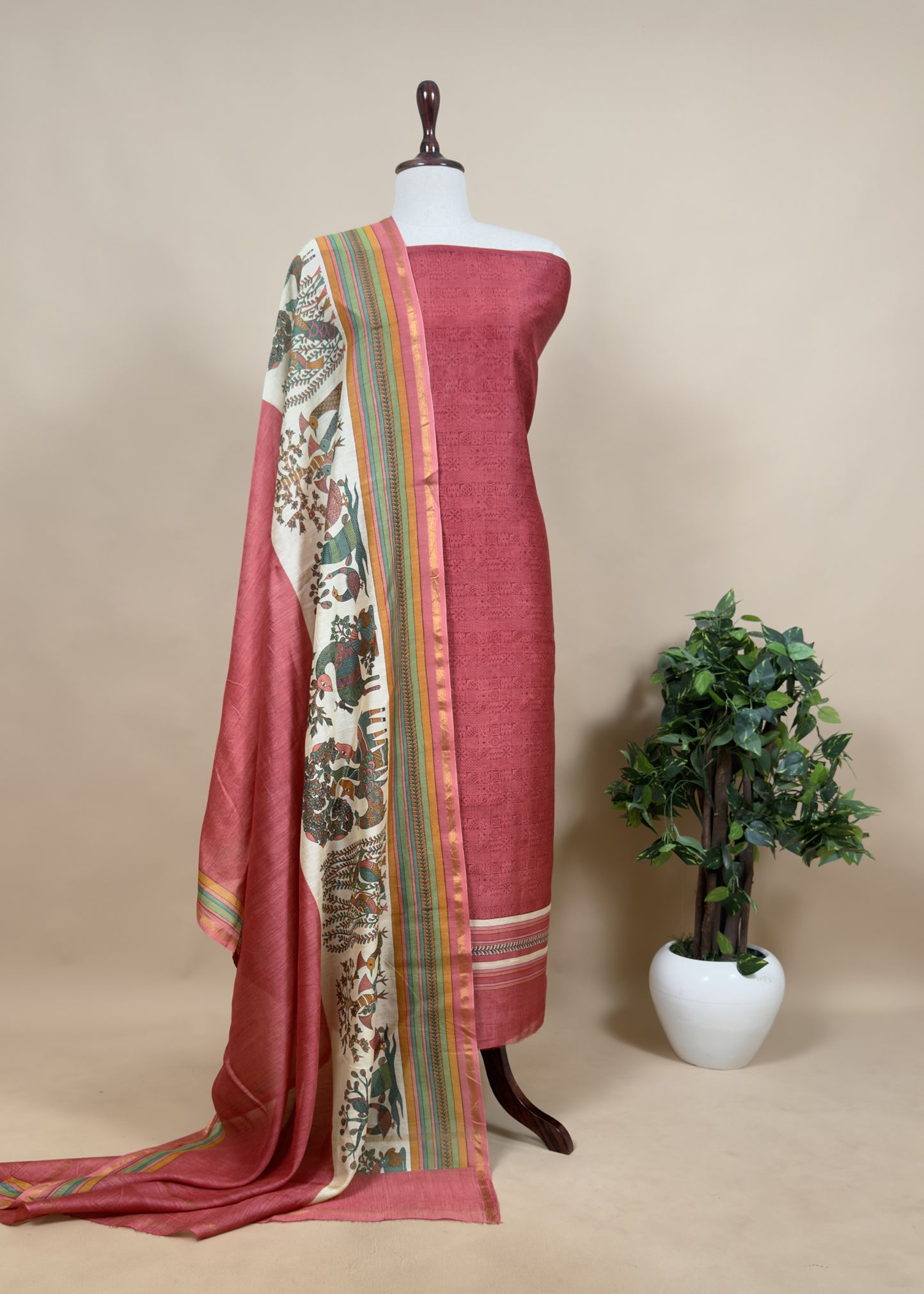 Green Handloom Madhubani Print Maheshwari Silk Suit Set