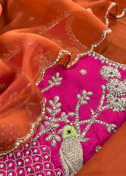 Brown And Rani Shaadi Handloom Mulmul Unstitched Suit Fabric With Handwork