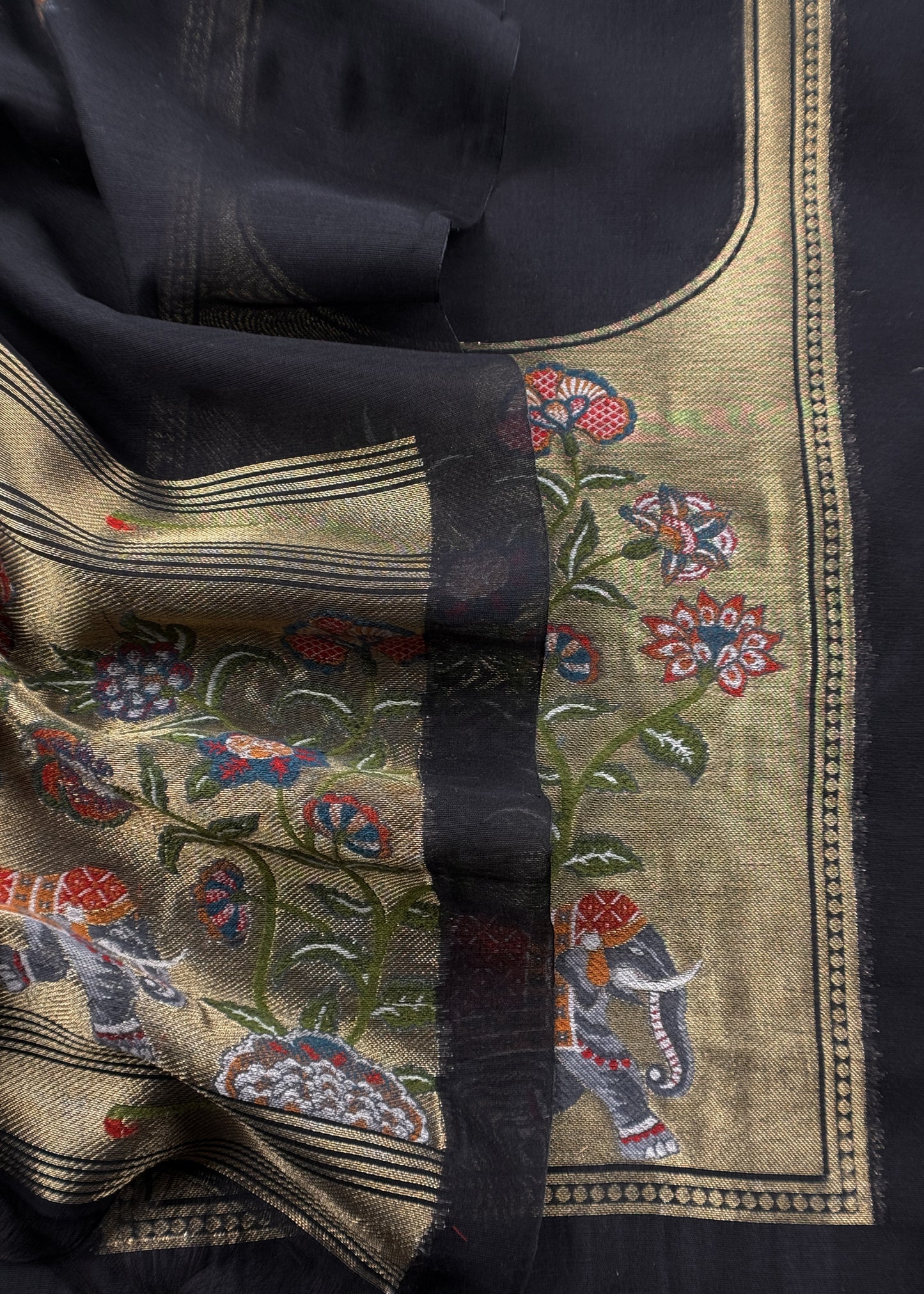 Black Jamdani Woven Unstitched Suit With Paithani Work