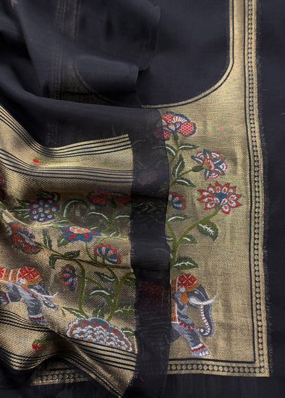 Black Jamdani Woven Unstitched Suit With Paithani Work