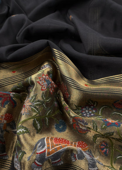 Black Jamdani Woven Unstitched Suit With Paithani Work
